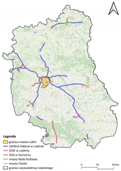 Mapa obejmująca treny dla których zostały wykoanane strategiczne mapy hałasu dla województwa lubelskiego