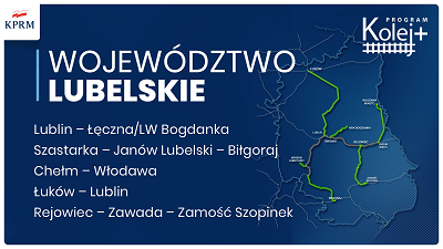 Grafika wymieniająca planowane linie kolejowe na Lubelszczyżnie. Mają to być połączenia Lublin-Łęczna, Szastark-Janów Lubelskie-Biłgoraj, Chełm Włodawa, Łuków-Lublin oraz Rejowiec-Zawada-Zamość Szopinek