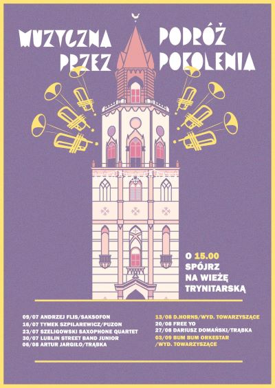 fioletowy plakat z rysunkiem wieży trynitarskiej