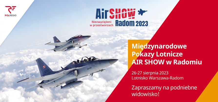 Dwa myśliwce w locie nad chmurami i napis Międzynarodowe Pokazy Lotnicze Air Show Radom 2023