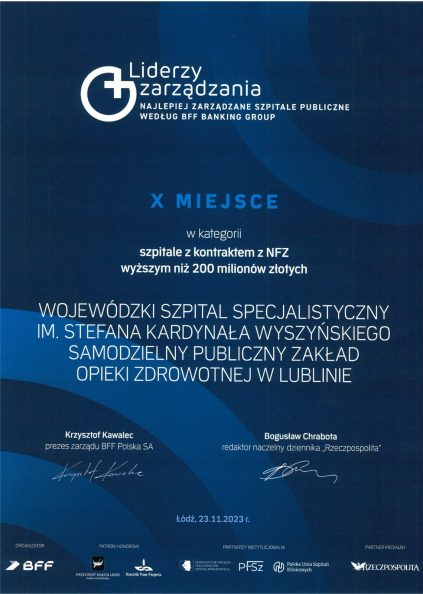 Dyplom laureata który otrzymał WSS im S. Wyszyńskiego w Lublinie