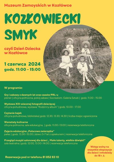 Plakat do wydarzenia Dzień Dziecka w Kozłówce rok 2024, informacje zawarte w plaklacie znajdują się w treści artykułu