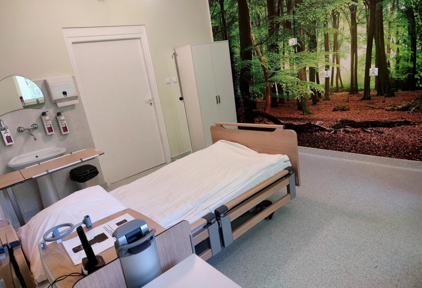 Widok na jednoosobową pustą salę szpitalną z łóżkiem szpitalnym i tapetą z widokiem na las