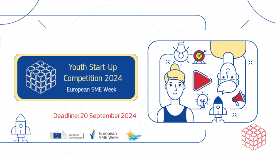 Grafika narysowanej kobiecej postaćci i napis w języku angielskim Youth Start up Competition 2024