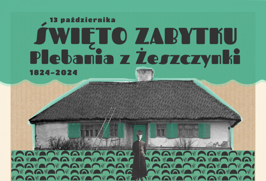 plakat święto zabytku na zielonym tle chałupa z zielonmi okiennicami