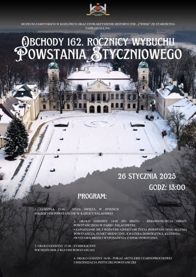 plakat obchodów 162 rocznicy wybuchu powstania styczniowego widok z lotu ptaka na dziedziniec pałacu w Kozłówce zimą