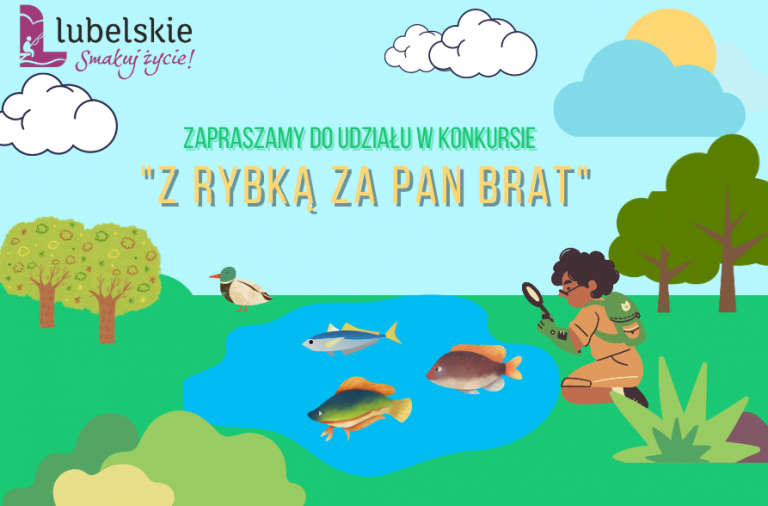 plakat do konkursu Z rybką za Pan Brat przedstawiający dziecko z lupą przyglądające się rybom w jeziorze